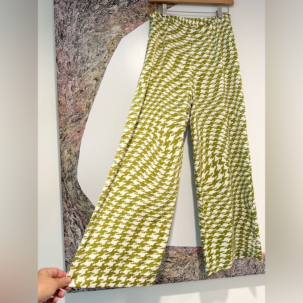 Urban Outfitters Olympia Crop Pants Mustard Green/White High Waisted Wide Leg L - Picture 4 of 7